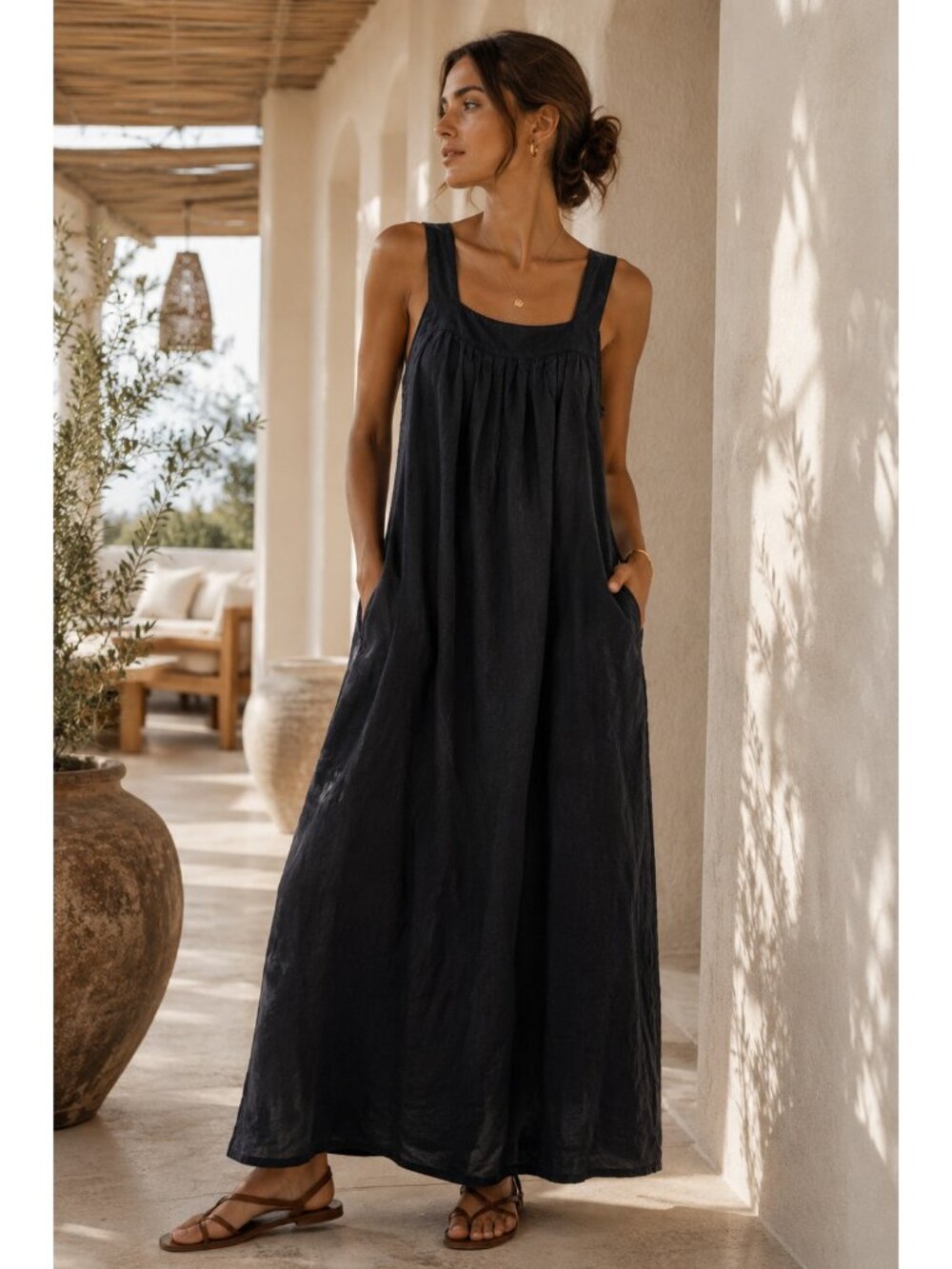 agnès b. Paris Black Linen Sleeveless Pleated Maxi Dress Size 36 French Designer